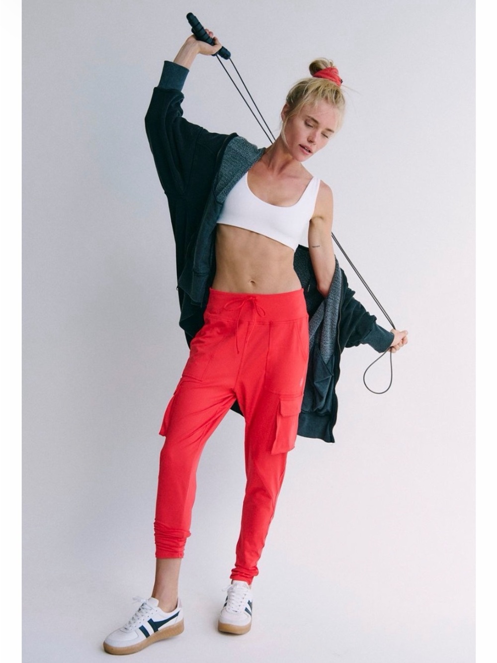 Free People Red Cargo Jogger Pants with Drawstring Waist